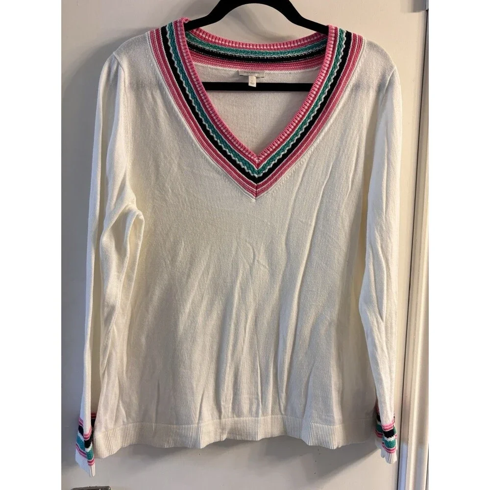 Talbots White V-Neck Sweater‎ Womens Large Pink Stripe Trim Cotton Blend
